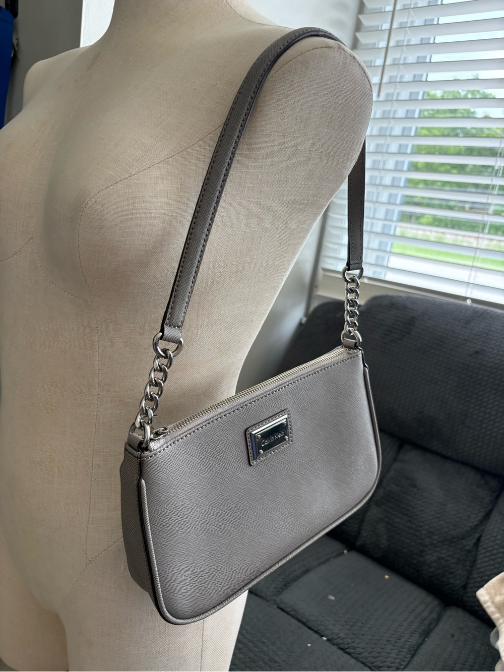 Calvin Klein Silver Gray Saffiano Leather Shoulder Bag